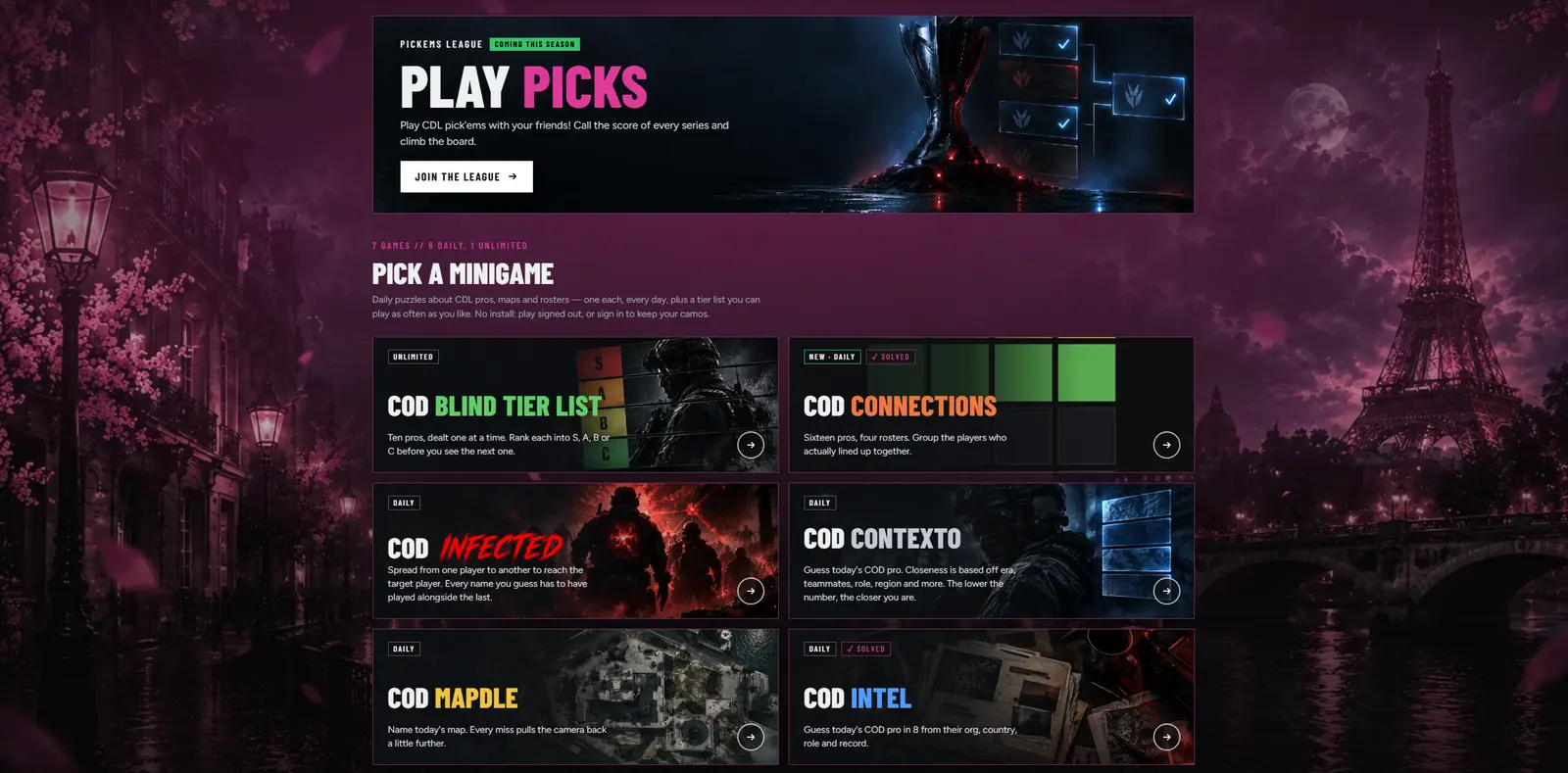 The site's home page, wearing the Paris camo