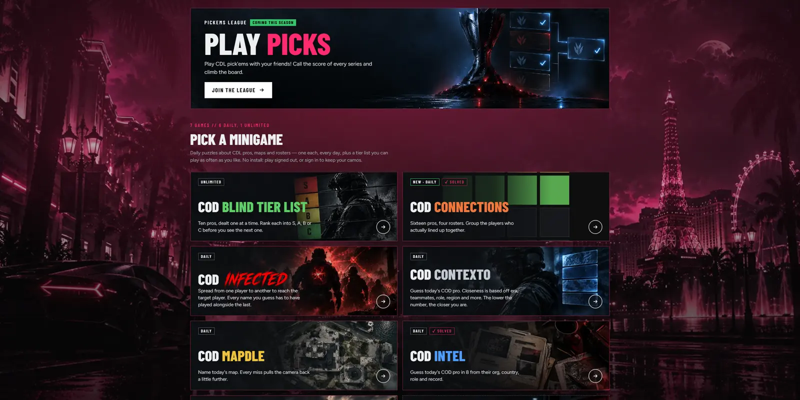 The site's home page, wearing the Vegas camo